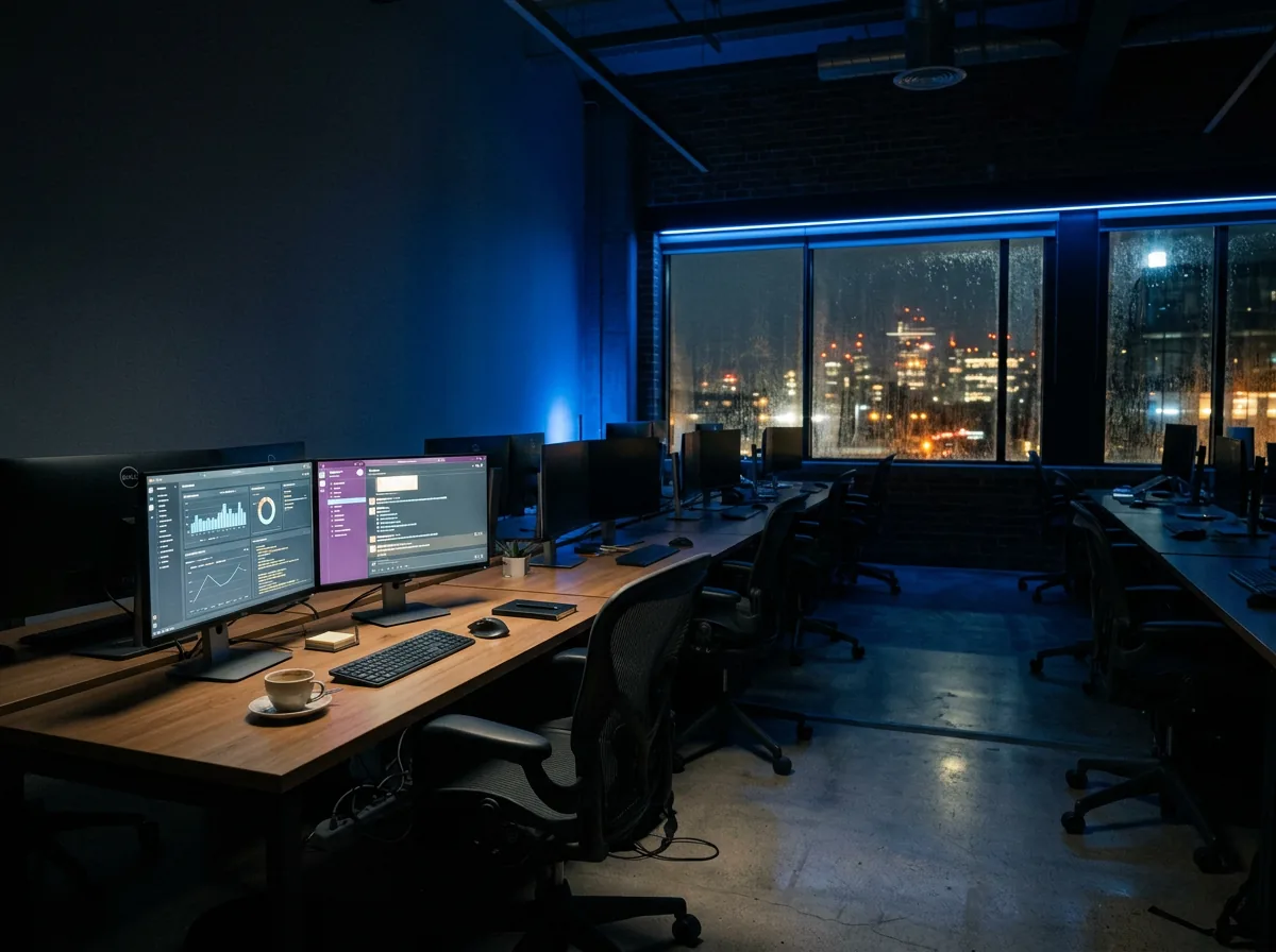 Bureau vide le soir, les écrans toujours au travail