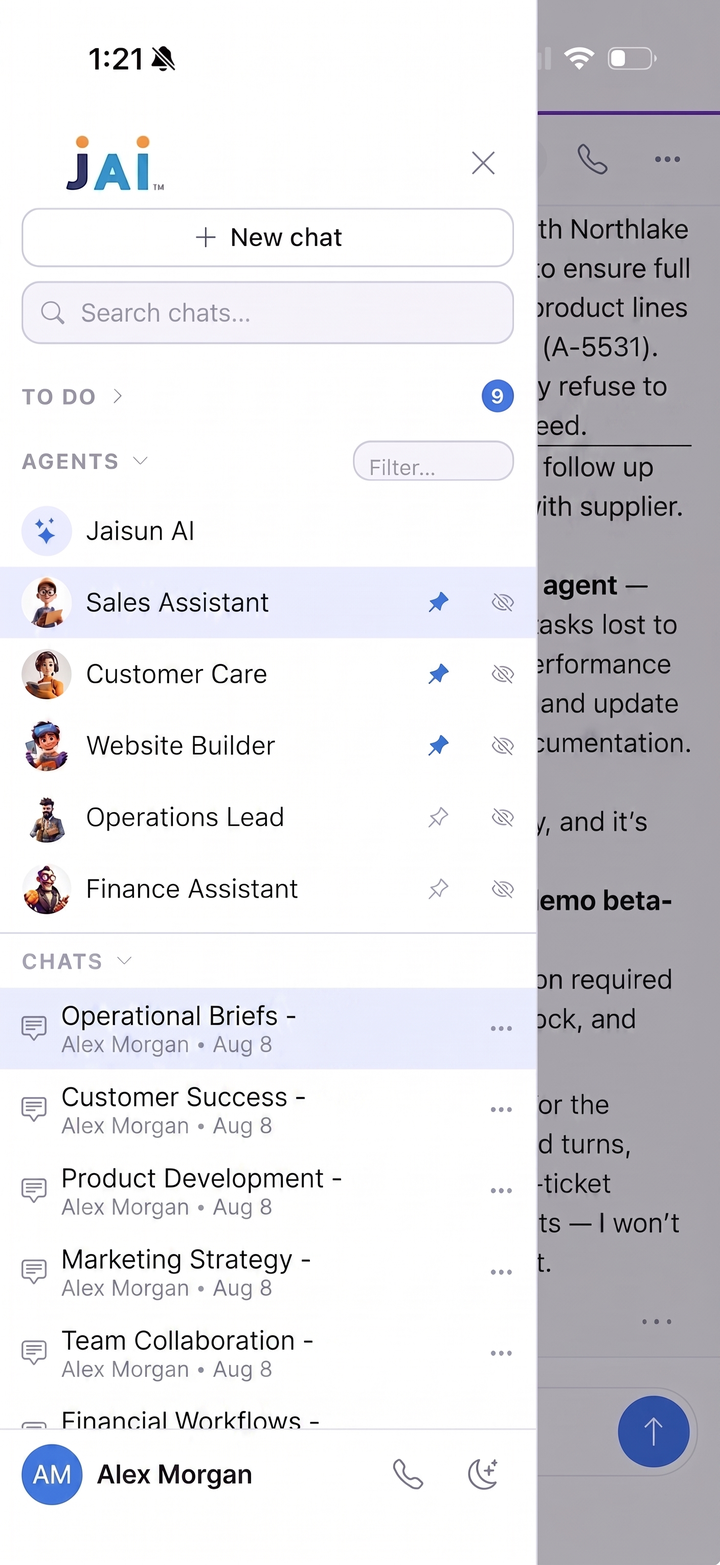 L'application mobile Jaisun avec les mêmes agents et conversations