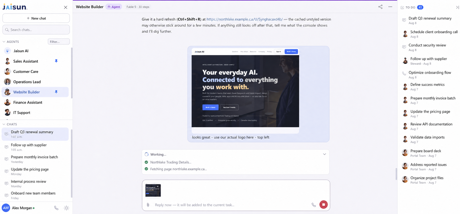 L'espace de travail web Jaisun : agents, conversations et liste de tâches